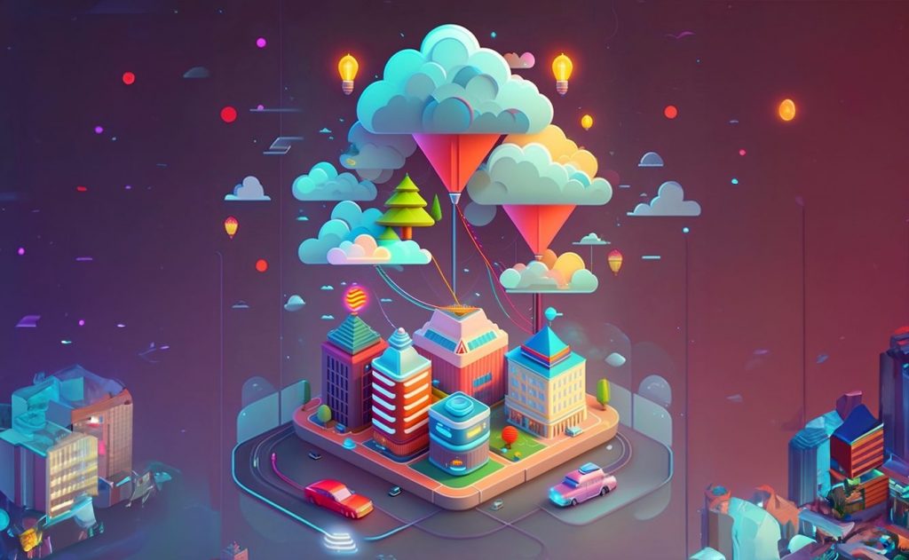 Smart city with smart buildings, cars and infrastructure connected to data clouds